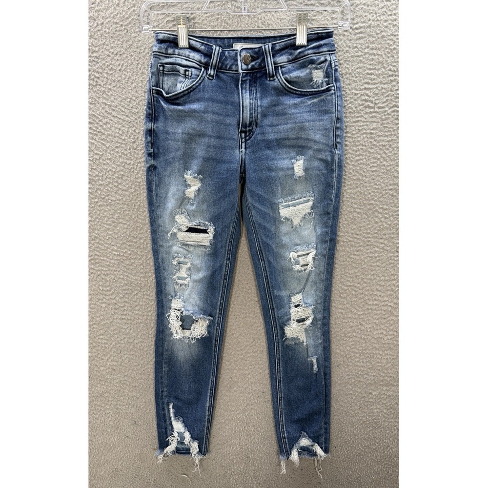 Kancan Jeans Girls 25 Blue‎ Mid Rise Ankle Skinny Raw Hem Stretch Distressed
